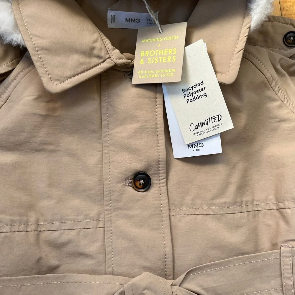 Mango Kids NEW‎ Girls Tan Faux Fur Trim Hooded Belted Parka Jacket Size 6